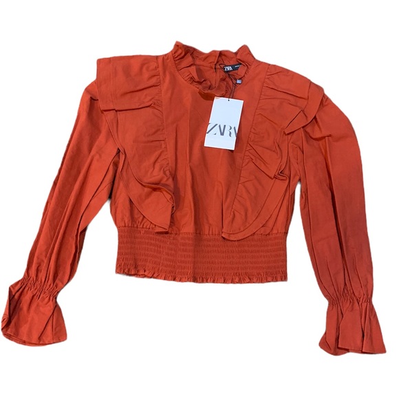 ZARA - RUFFLED POPLIN SHIRT - Burnt Orange - Picture 10 of 11